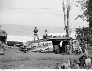 TOL AREA, NEW BRITAIN. 1945-08-02. THE COAST WATCHING POST, HEADQUARTERS 16 INFANTRY BATTALION, ON THE NORTH EAST END OF TOL OVERLOOKING WIDE BAY