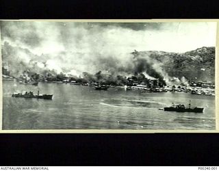 RABAUL, 1943-11-02. AIR STRIKE BY SEVENTY-FIVE B25 MITCHELL BOMBERS AND EIGHTY P38 LIGHTNING AIRCRAFT OF THE US FIFTH AIR FORCE ON JAPANESE SHIPPING IN SIMPSON HARBOUR. (DONOR: W. TUCK)