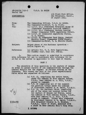 USS La Salle - Rep of ops in the invasion of Saipan Is, Marianas 6/15-23/44