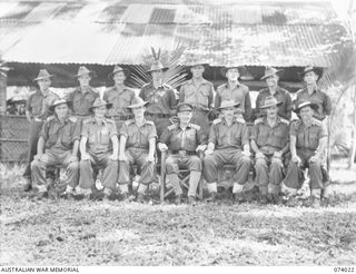 SIAR, NEW GUINEA. 1944-06-18. OFFICERS OF HEADQUARTERS, 15TH INFANTRY BRIGADE. IDENTIFIED PERSONNEL ARE:- VX14600 LIEUTENANT L.S.B. TALBOT (1); V112180 CAPTAIN S.R. HEDLEY (2); DX852 MAJOR R.L. ..