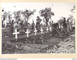 CAPE MOEM, NEW GUINEA. 1945-10-23. AUSTRALIAN NEW GUINEA ADMINISTRATIVE UNIT NATIVES WORKING FOR 7 WAR GRAVES UNIT DOING MAINTENANCE WORK ON GRAVES AT THE WEWAK WAR CEMETERY