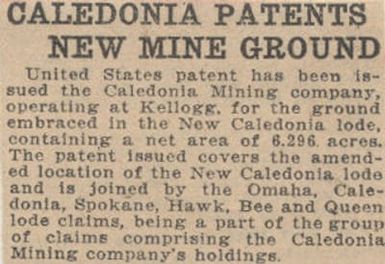 Caledonia patents new mine ground. Northwest history. Mining. Patents. 1919-08-13