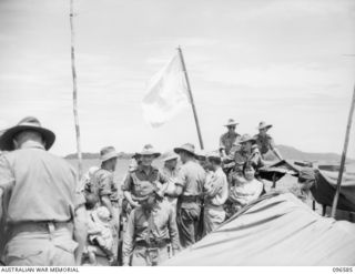 SORAKEN PENINSULA, BOUGAINVILLE. 1945-09-14. A MOTOR LAUNCH CARRYING MEMBERS OF HEADQUARTERS 2 CORPS, PREPARED FOR SURRENDER DISCUSSIONS WITH THE JAPANESE AT A SEA RENDEZVOUS OFF SORAKEN PENINSULA, ..