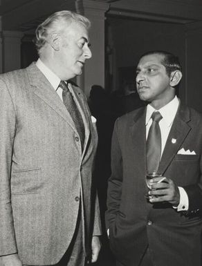 Senator Kaur Battan Singh of Fiji, with Prime Minister Gough Whitlam, at a reception held at the Parliament House, Canberra, 22 October 1974 / Norman Plant