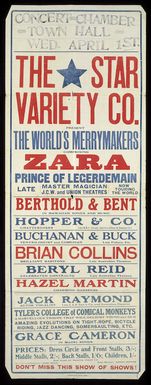 Concert Chamber Town Hall. Wed. April 1st. The Star Variety Company present the world's merrymakers, comprising Zara, prince of legerdemain ... Evening Post print - 45680. [1931?]