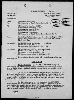 NEW MEXICO - Rep of Bombardments & Ops in Support of the Assault & Occupation of Saipan Is, Marianas, 6/14-25/44