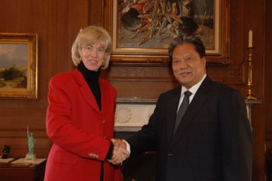 Visit of Marshall Islands President Kessai Note, right, to Department of Interior headquarters for discussions with Secretary Gale Norton on U.S. programs related to the long-range impact of mid-20th Century nuclear testing in the Marshall Islands vicinity