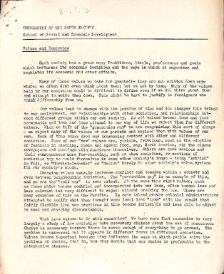 School of Social and Economic Development, Values and Economics, course notes