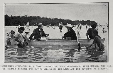 Interested spectators in a Cook Islands fish drive; arranged in their honour; Hon Dr Pomare, Minister for Native Affairs (left) and the Governor at Rarotonga