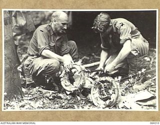 GEYTON'S POST, NEW GUINEA. 1944-01-19/20. VX34340 PRIVATE J.K. HUGHES (1) AND VX9501 PRIVATE N.T. ELY (2) THEATRE ASSISTANTS OF THE 2/5TH FIELD AMBULANCE, SORTING "THOMAS SPLINTS" IN PREPARATION ..