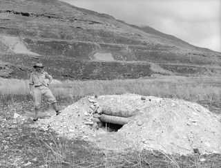 WANDOKAI, NEW GUINEA. 1944-04-17. VX80896 MAJOR R.C. GROVER, OPERATIONAL RESEARCH SECTION, ATTACHED HEADQUARTERS NEW GUINEA FORCE, OUTSIDE A JAPANESE LOG BUNKER WHICH IS BEING TESTED TO DETERMINE ..