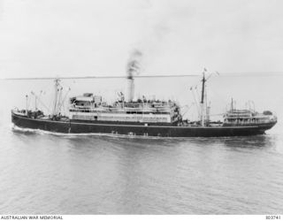1941-08-30. AERIAL PORT SIDE VIEW OF THE AUSTRALIAN PASSENGER VESSEL ORMISTON WHICH CARRIED AUSTRALIAN PERSONNEL AND STORES TO NEW CALEDONIA IN 1941-12. SHE WAS DAMAGED WHEN TORPEDOED BY A JAPANESE ..