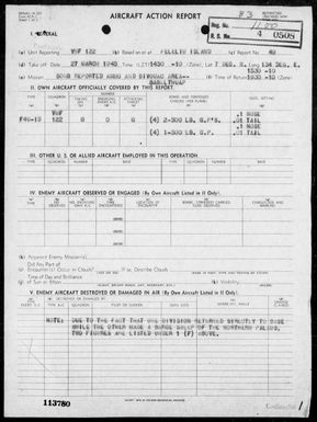 VMF-122 - ACA rep #49 â Bombing & strafing targets on Babelthuap Is, Palau Is on 3/27/45