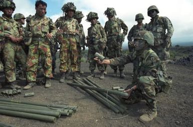 A member of the 65th Combat Engineers explains demolition techniques to members of the Gurkhas from China during the 21st Infantry Division's annual Army training and evaluation program and field training exercise