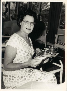 Portrait of Dame Rachel Cleland on the verandah of Government House, Port Moresby, Papua New Guinea, ca. 1950s