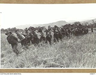 RAMU VALLEY, NEW GUINEA. 1943-10-20. INFANTRY BATTALION WORKING PARTY, UNDER THE DIRECTION OF ENGINEERS OF D COMPANY, 2/6TH AUSTRALIAN FIELD COMPANY, ROYAL AUSTRALIAN ENGINEERS, HAULING LOGS TO BE ..