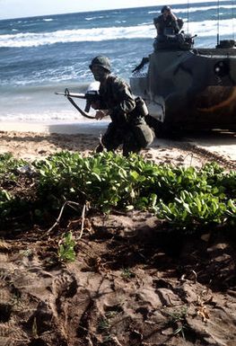 A Marine from the Battalion Landing Team, 1ST Bn., 3rd Mar. Div., moves inland after landing on the beach in an LVTP-7 tracked landing vehicle during a routine training exercise