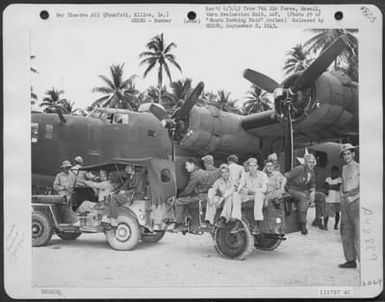 Bomber Crews Arriving At Funafuti Are Taken To Their Quarters In Jeeps And Trailers. (U.S. Air Force Number 121707AC)