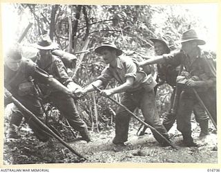 NEW GUINEA. 1944-03-24. PULL AND PUSH. A SOLDIER GETS STUCK IN THE MUD OF A TRACK. COMRADES LEND HIM A HELPING HAND
