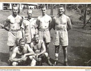 THORPVILLE, NEW GUINEA. 1943-12-07. MEMBERS OF THE STAFF OF THE PHYSIOTHERAPY SECTION 113TH AUSTRALIAN CONVALESCENT DEPOT. IDENTIFIED PERSONNEL ARE: QX9080 CORPORAL G. A. MONTAGUE (1); NX114481 ..