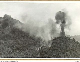 FARIA RIVER, NEW GUINEA. 1944-01-20. SMOKE RISING FROM JAPANESE POSITIONS ACROSS MAIN CREEK, AFTER A STRIKE BY ALLIED MITCHELL BOMBERS