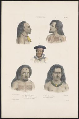 [Portraits of four inhabitants of Tikopia, and of Martin Bushart, the associate of Peter Dillon] de Sainson pinxt.; Llanta lith