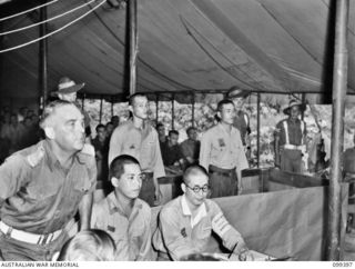 RABAUL, NEW BRITAIN, 1945-12-11. CAPTAIN (CAPT) R. R. B. HICKSON, LEGAL OFFICER, HEADQUARTERS 5 BASE SUB AREA AND COUNCIL FOR THE DEFENCE, PLEADING NOT GUILTY ON BEHALF OF THE JAPANESE PRISONERS, ..