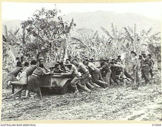 1943-10-08. NEW GUINEA. MARKHAM VALLEY. A JEEP STRIKES TROUBLE IN A MUDDY SECTION OF THE ROAD BETWEEN KAIAPIT AND ANTIRIGAN. (NEGATIVE BY G. SHORT)