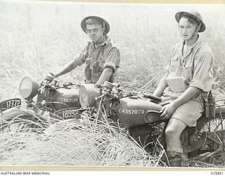 PORT MORESBY, PAPUA. 1942-07-11. TWO DESPATCH MOTOR CYCLE RIDERS FORCING A PATH THROUGH LONG THICK GRASS IN THE TROPICAL BUSH OF NEW GUINEA DURING MANOEUVRES CARRIED OUT BY AUSTRALIAN INFANTRY ..