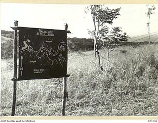 PABU AREA, NEW GUINEA. 1944-03-13. A BATTLE SIGN RECORDING ACTIVITIES OF THE 2/43RD INFANTRY BATTALION