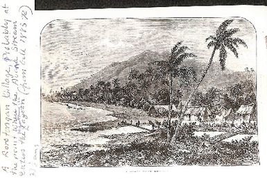Photo of 'A Rarotongan village, probably at the point where the Avana Stream enters the Ngatangiia lagoon(from Gill 1885:72)