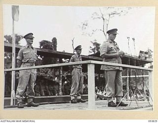 TOROKINA, BOUGAINVILLE, 1945-07-11. LIEUTENANT-GENERAL S.G. SAVIGE, GENERAL OFFICER COMMANDING 2 CORPS (1) ADDRESSING TROOPS DURING HIS REVIEW OF 11 INFANTRY BRIGADE AT GLOUCESTER OVAL