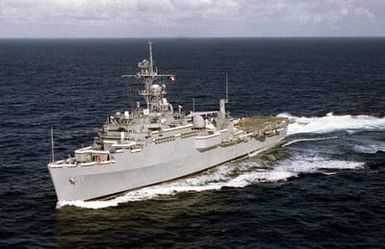 Port bow view of the auxiliary command ship USS CORONADO (AGF 11), Flagship, Commander Third Fleet, as she makes her way near Hawaii during exercise RIMPAC 98