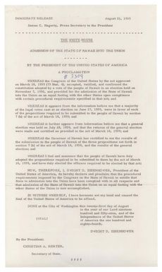 Press Release, Presidential Proclamation 3309, Admission of the State of Hawaii into the Union