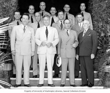 Group portrait of Congressman Henry M. Jackson and U.S. Congressional delegation during a tour of Pearl Harbor, Hawaii, July 1945