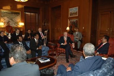 [Assignment: 48-DPA-02-25-08_SOI_K_Pres_Palau] Secretary Dirk Kempthorne [meeting at Main Interior] with government delegation from the Republic of Palau, [led by Palau President Tommy Remengesau. Secretary Kempthorne and President Remengesau discussed, among other subjects, the possibility of creating a National Heritage Area on the Palau island of Peleliu, along with the upcoming Review of the Palau-U.S. Compact of Free Association.] [48-DPA-02-25-08_SOI_K_Pres_Palau_IOD_1093.JPG]