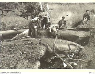 PIONEER CROSSING, PORT MORESBY AREA, PAPUA, 1944-03-25. AUSTRALIAN SERVICEMEN AT THE WRECK OF A P-38 LIGHTNING FIGHTER AIRCRAFT OF THE UNITED STATES ARMY AIR FORCE WHICH CRASHED IN TIMBERED AREA ..