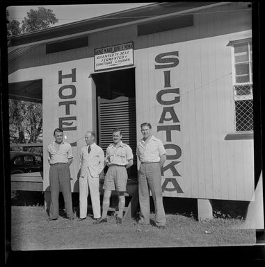 New Zealand National Airways Corporation, from left are J Gillon, D Davis, T O'Connell, S Jackson, outside Sigatoka Hotel, Fiji