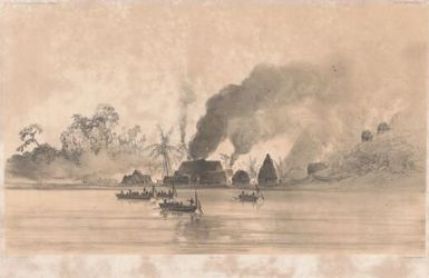 Incendie du village de Piva, Iles Viti / dessine par Goupil; lith. par Sabatier