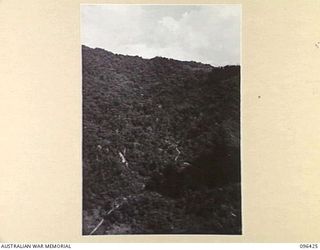 TOKUKU PASS, NEW GUINEA, 1945-09-12. AERIAL VIEW OF TOKUKU PASS. IT TOOK FOUR DAYS OF VICIOUS FIGHTING, HEAVY ARTILLERY CONCENTRATIONS, AND BOMBING BY BEAUFORT AIRCRAFT FROM 71 WING, RAAF, TO ..