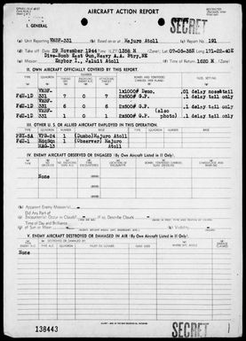 VMBF-331 - ACA Reps Nos 191-193 & 196 – Air opers against the Marshall Islands, 11/29/44 – 12/29/44