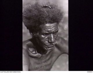 BUKAUA, NEW GUINEA. 1943-10-18. PORTRAIT OF FUZZY- HAIRED KAMO, A VOLUNTEER FOR THE AUSTRALIAN AND NEW GUINEA ADMINISTRATION UNIT LABOUR FORCE. REJECTED BECAUSE OF HIS AGE AND FAMILY ..