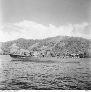 HIS MAJESTY'S AUSTRALIAN MOTOR LAUNCH 808, RAN. THESE VESSELS, 112 FEEST LONG, AND CARRYING A COMPLEMENT OF 3 OFFICERS AND 14 RATINGS, ARE USED FOR ANTI-SUBMARINE PATROLS, STRAFING, AND ATTACKS ..