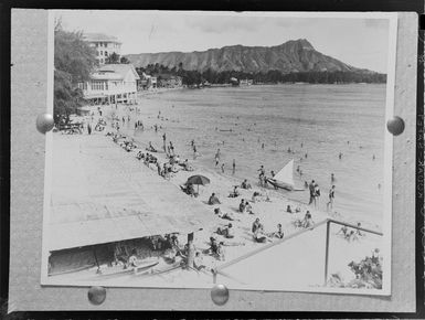 Photograph from Pan American World Airways window display, showing a beach in Honolulu, Hawaii