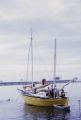 French Polynesia, sailboat anchored off shore of Tahiti Island