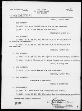 US NAV FORCES FIJI IS - War Diary, 8/1-31/44