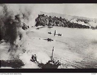 MANOKWARI, NEW GUINEA. 1944-04. JAPANESE SHIPS SINKING AFTER AIR ATTACK BY RAAF BOSTON BOMBER AIRCRAFT