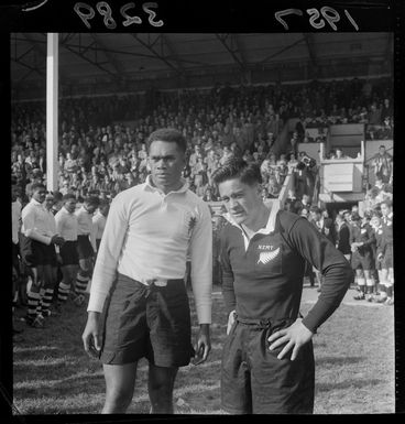 Unidentified players from the rugby match between Fiji and New Zealand Maori teams at Athletic Park, Wellington