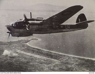 BRISTOL BEAUFORT, BELIEVED A9-551, OF NO 8 SQUADRON, RAAF, AFTER COMPLETING A BOMBING MISSION IN THE WEWAK AREA OF THE NORTH COAST OF NEW GUINEA. WEWAK CAPE JUST SHOWS IN THE CENTRE LEFT OF THE ..