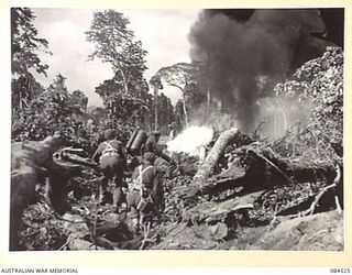 BOUGAINVILLE, SOLOMON ISLANDS. 1944-12-21. A UNITED STATES M1A1 FLAME THROWER OPERATED BY AUSTRALIAN TROOPS AT HEADQUARTERS 3 DIVISION, FIRING ON PILLBOXES DURING A PLATOON ATTACK DEMONSTRATION